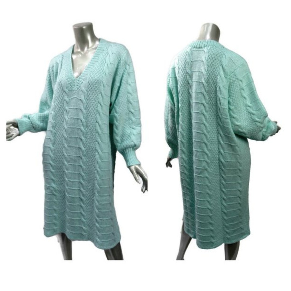 Hand Knit Dresses & Skirts - Hand Knit Cable Sweater Dress Sz L XL Mint Green